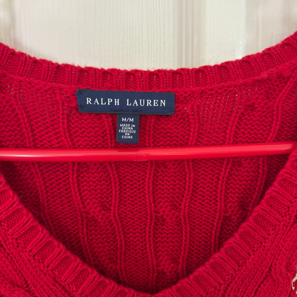 Ralph Lauren Women's Red Cable Knit V-Neck Cotton Sweater Slim Fit Womens Medium - Picture 2 of 4